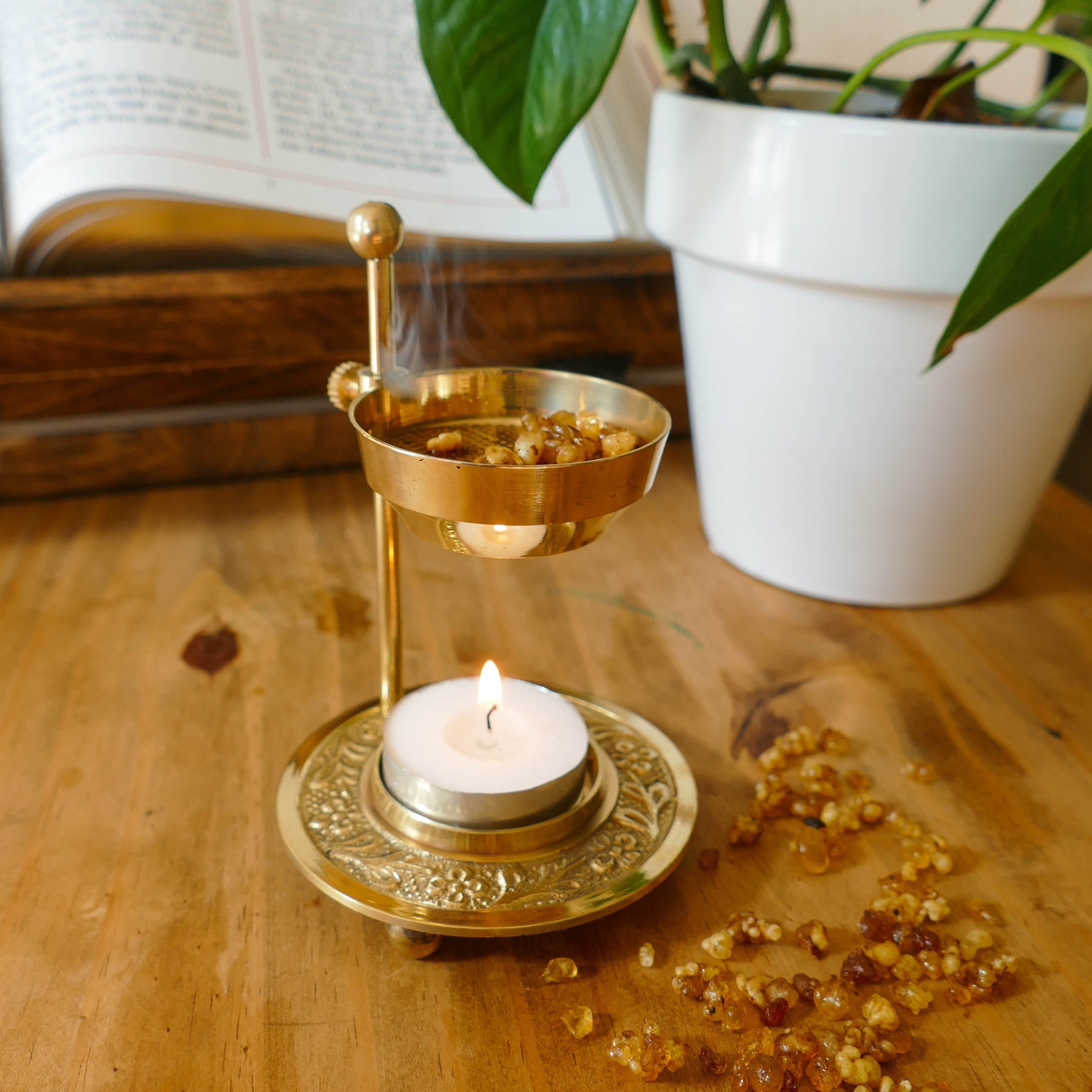 Brass Incense Burner with Rose Resin Incense | Oremus Homegoods