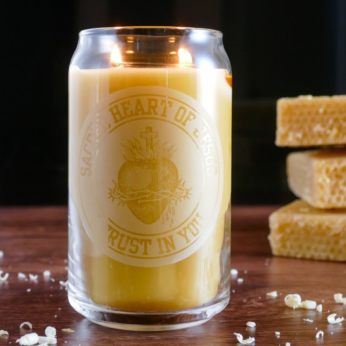 Holy Family Hearts All Natural Beeswax Candles with Crackling, Wooden Wicks | Oremus Homegoods